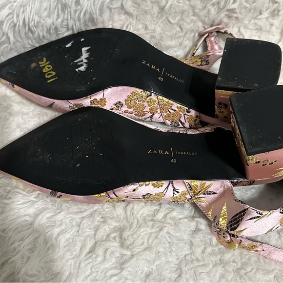 💥SOLD $38💥 Zara Pink Asian Print Floral Kitten Block Heels Pointy-Toe Pumps 40 - Picture 11 of 14